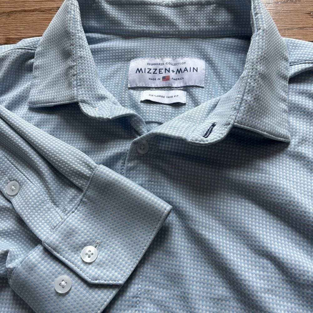 Mizzen+Main Shirt‎ 2XL Blue White Gingham Check Spinnaker Trim Fit Long Sleeve